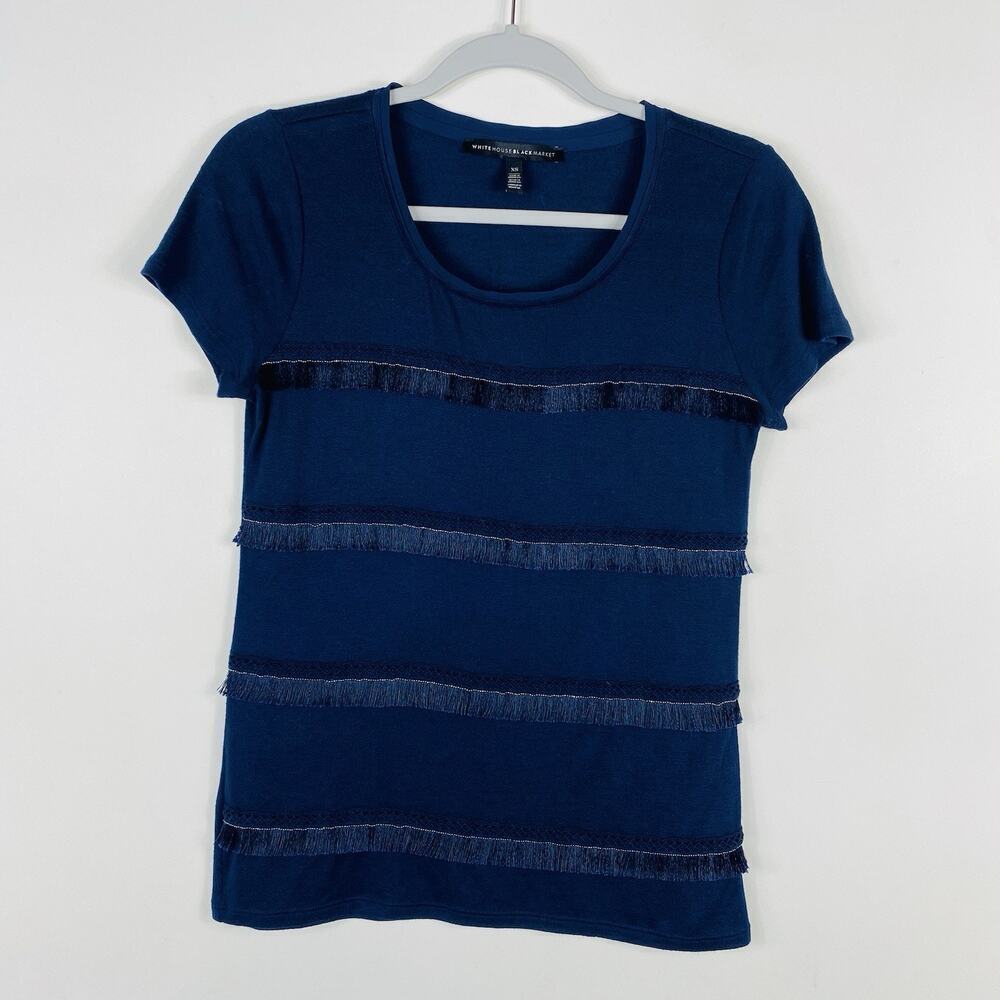 White House Black Market Top XS Navy Blue Fringe Tee T-Shirt Short Sleeve